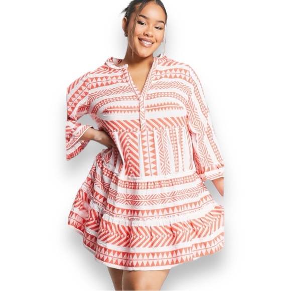 SIMPLY BE ORANGE WHITE GEO STRIPED JACQUARD COTTON MINI TUNIC DRESS WOMEN SZ 24 - Picture 11 of 12